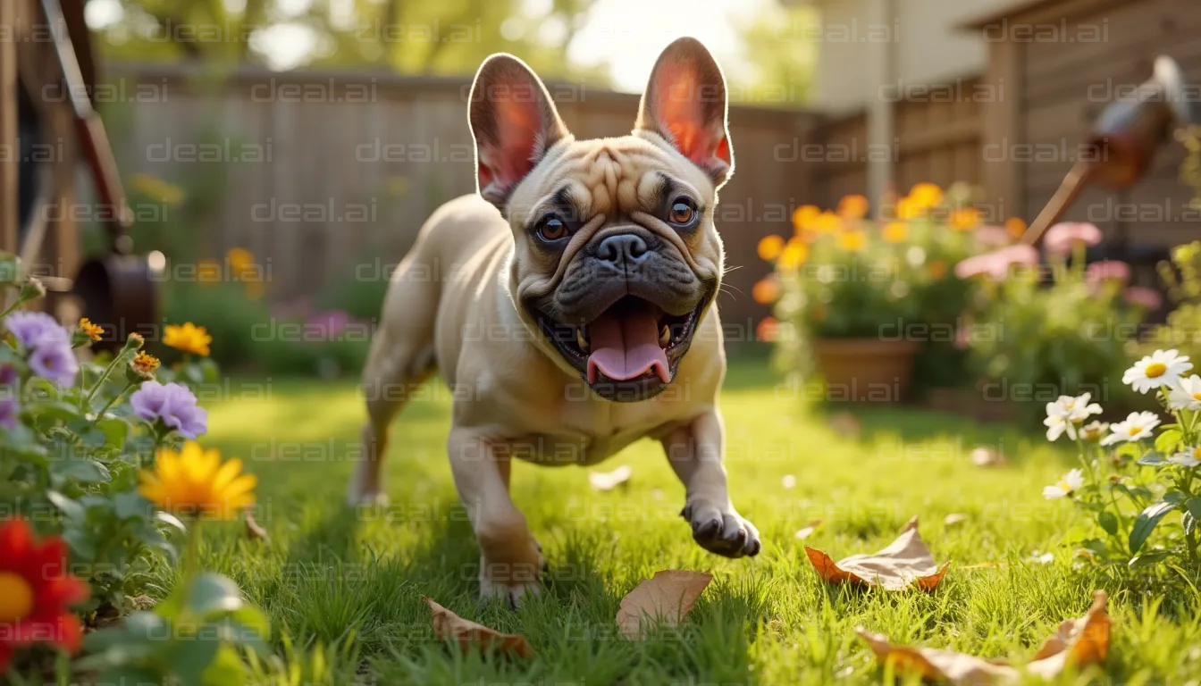 French Bulldog Enjoys Sunny Garden Stroll