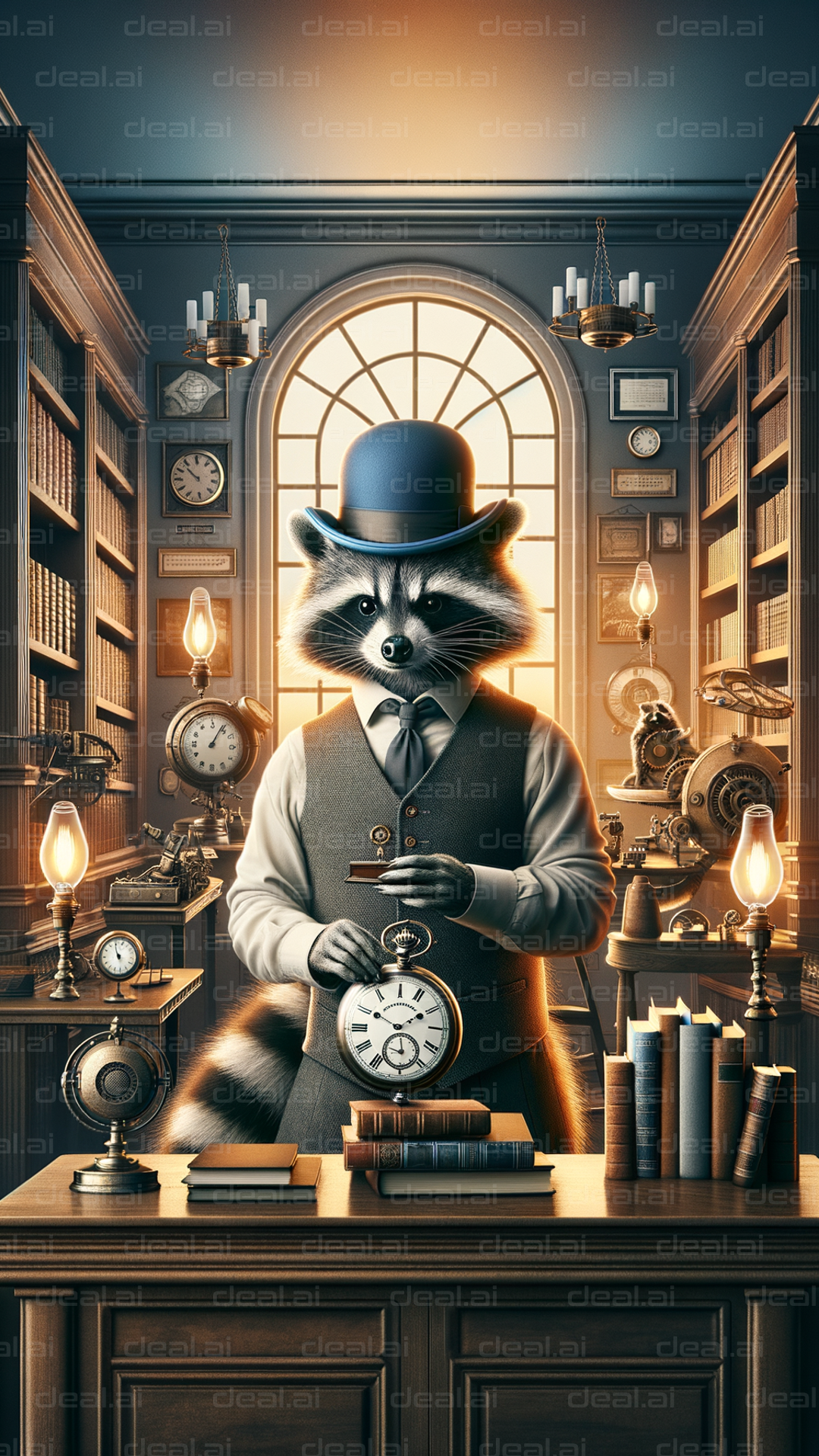 "Steampunk Raccoon in a Library"