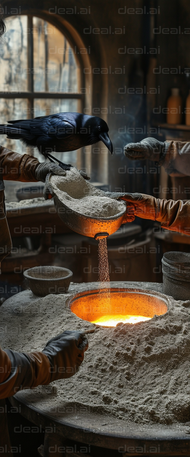 "Crow Observes Molten Metal Casting"