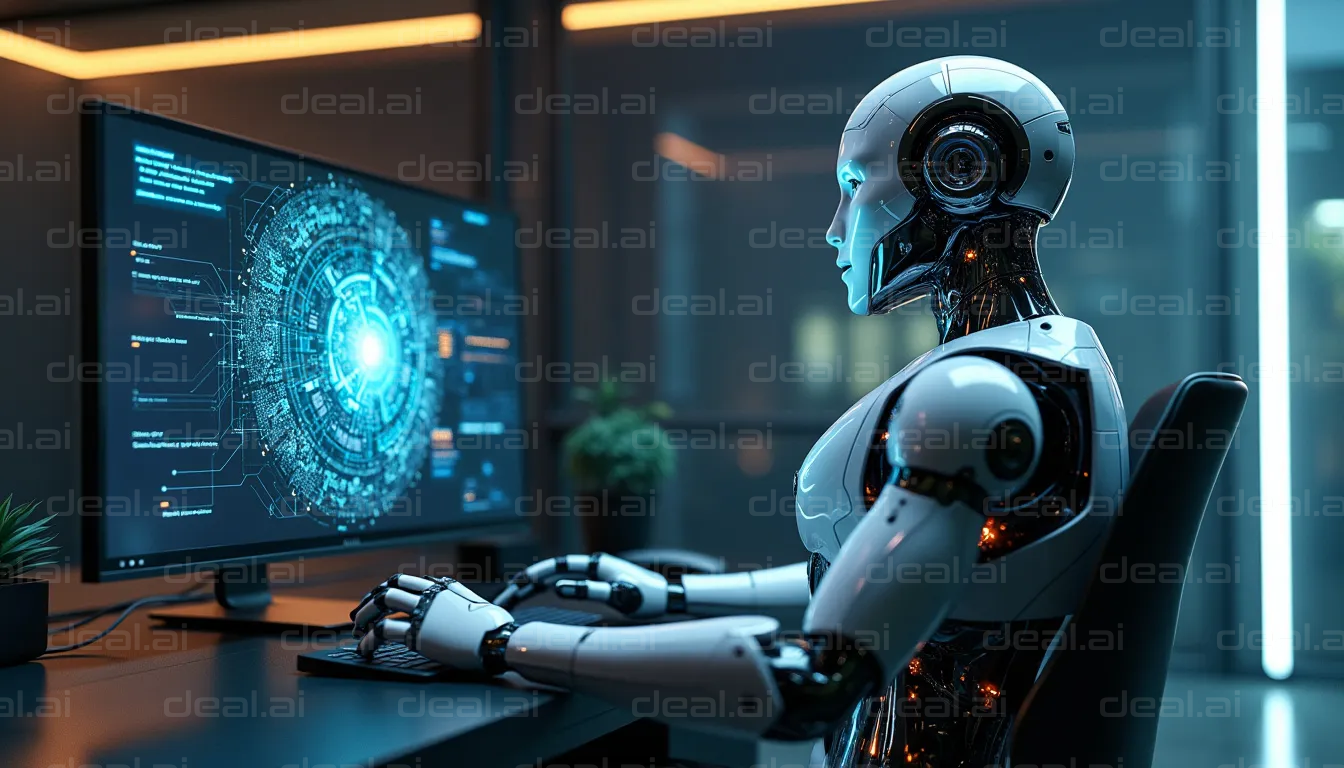 "Futuristic Robot Working at a Computer"