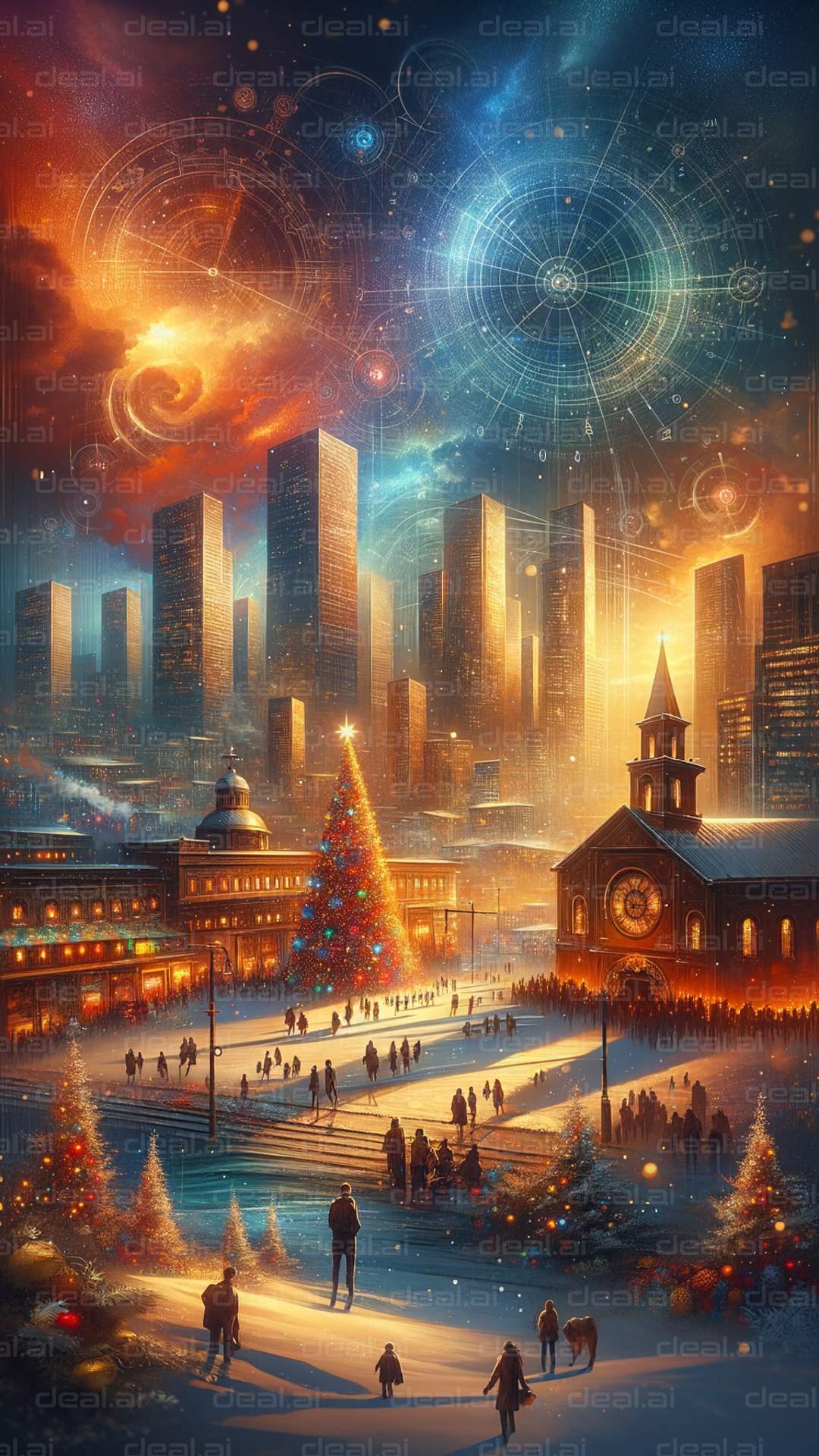 Festive Cityscape with Cosmic Sky