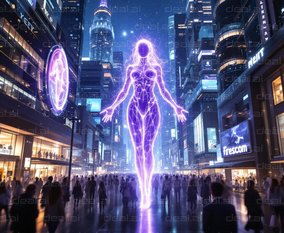 Giant Hologram in Futuristic Cityscape