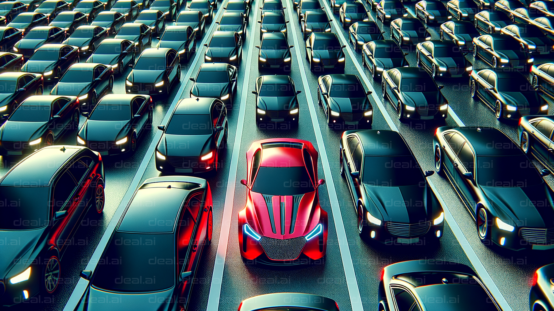 Red Car Stands Out in Traffic Jam