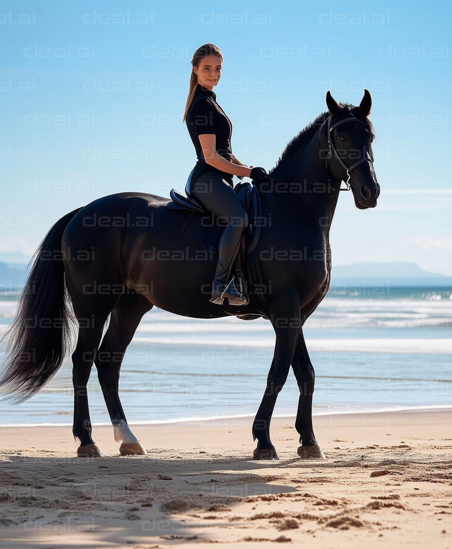 Rider on Black Horse at Beachfront