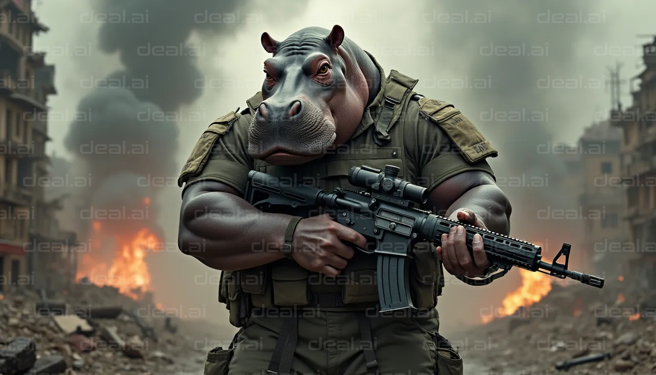 Armed Hippo Soldier in Battle Scene