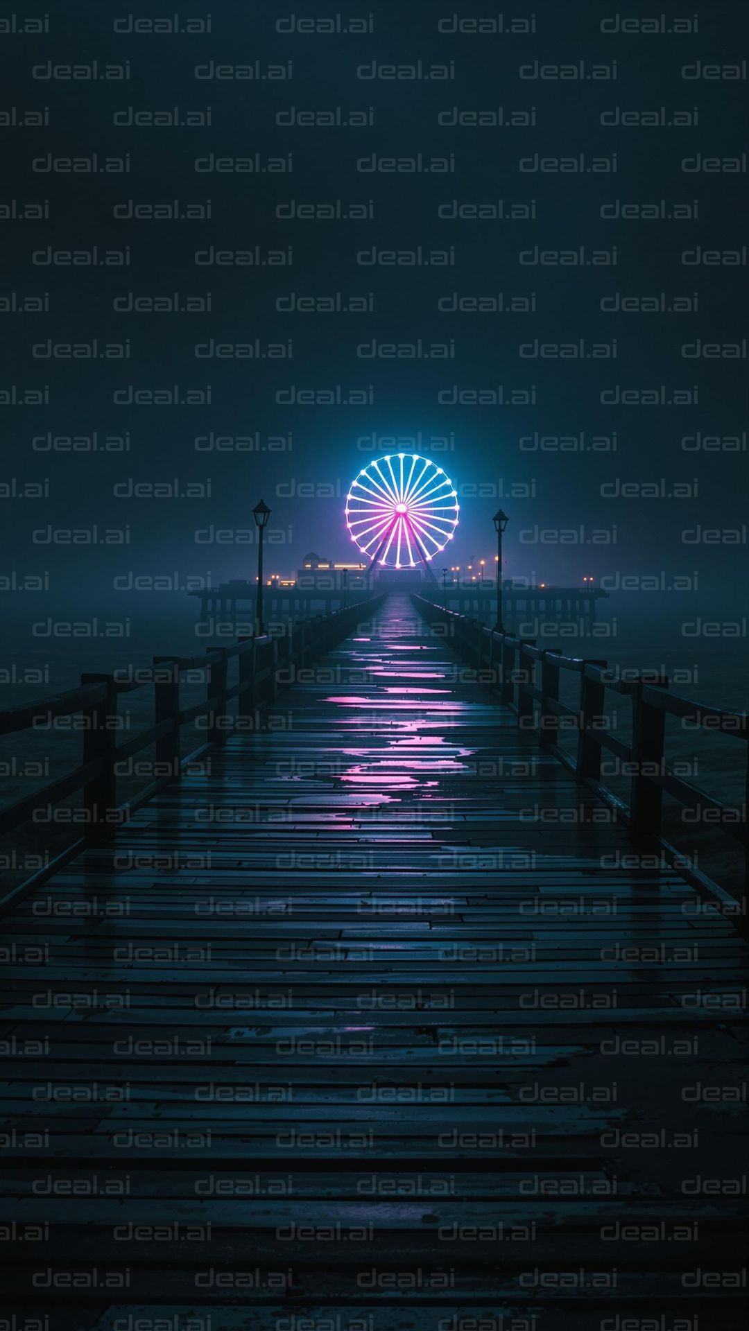 Neon Ferris Wheel in the Foggy Night
