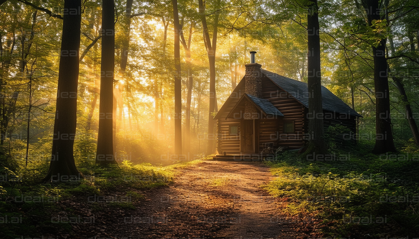 Log Cabin in the Forest at Dawn