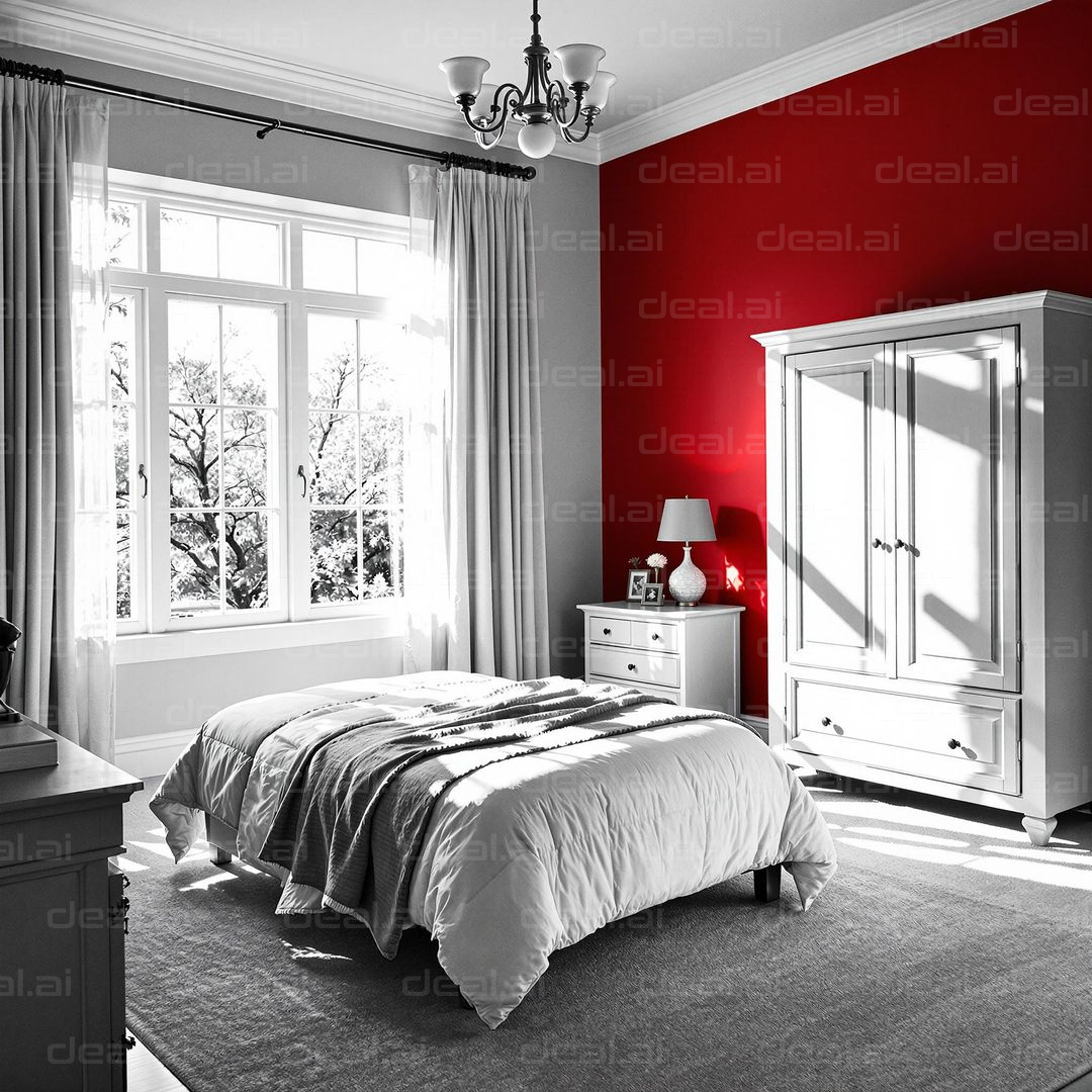 Bold Red Accent in Serene Bedroom