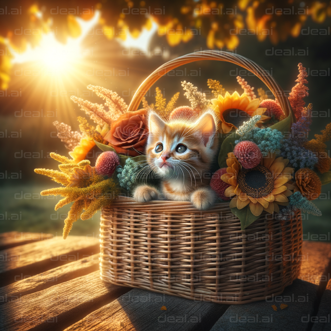 Kitten in a Basket of Autumn Blooms
