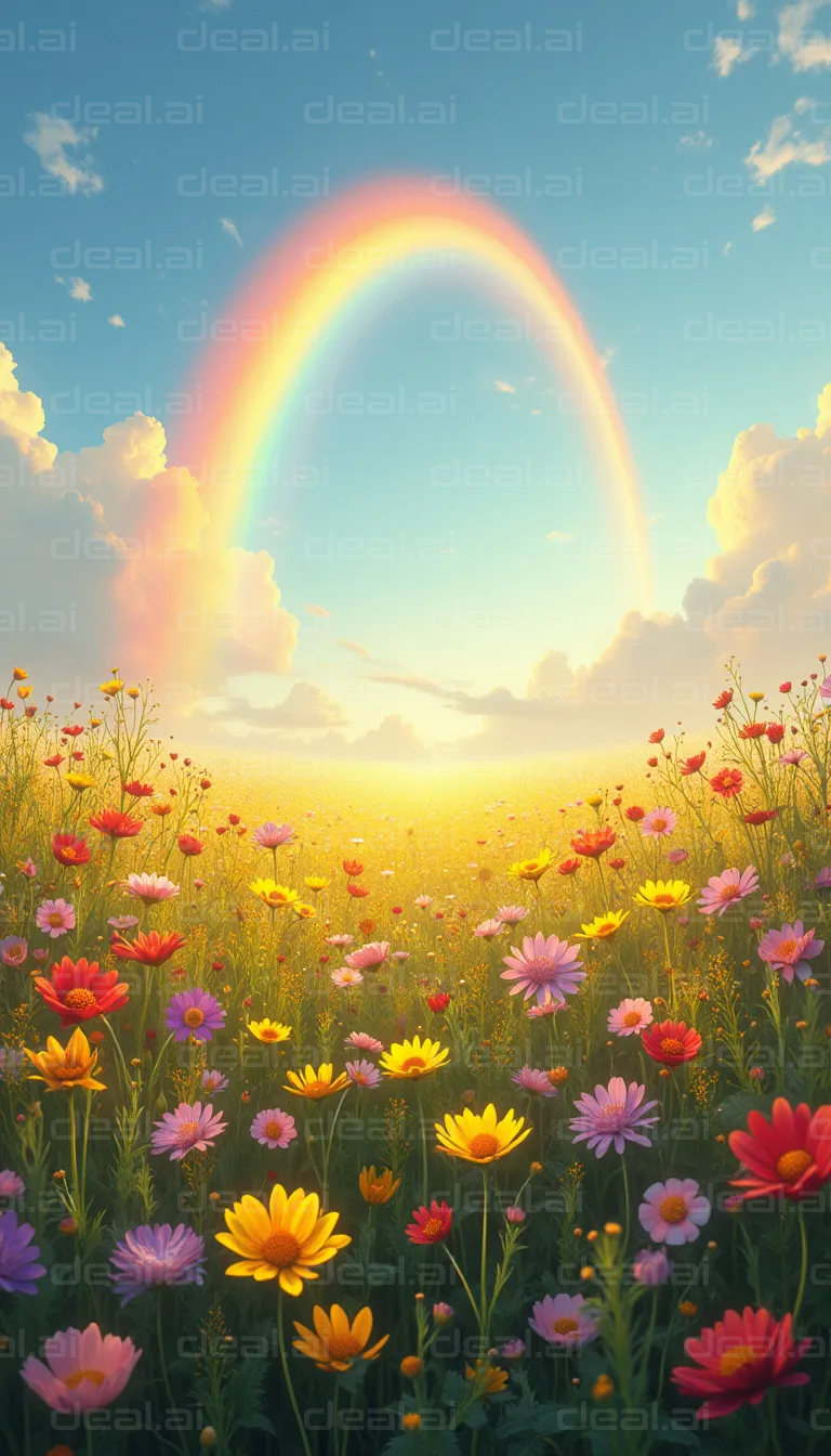 "Rainbow Over Colorful Flower Field"