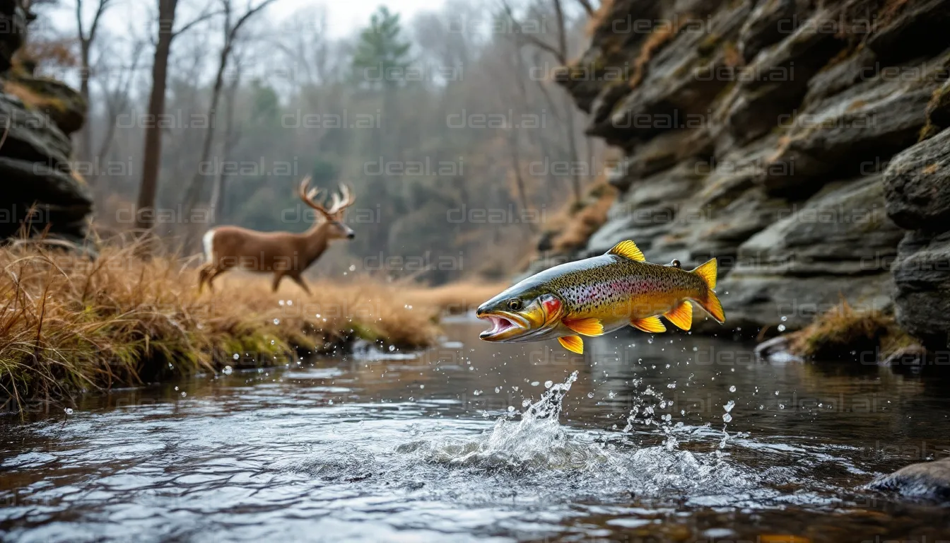 "Trout Leaps as Deer Watches"