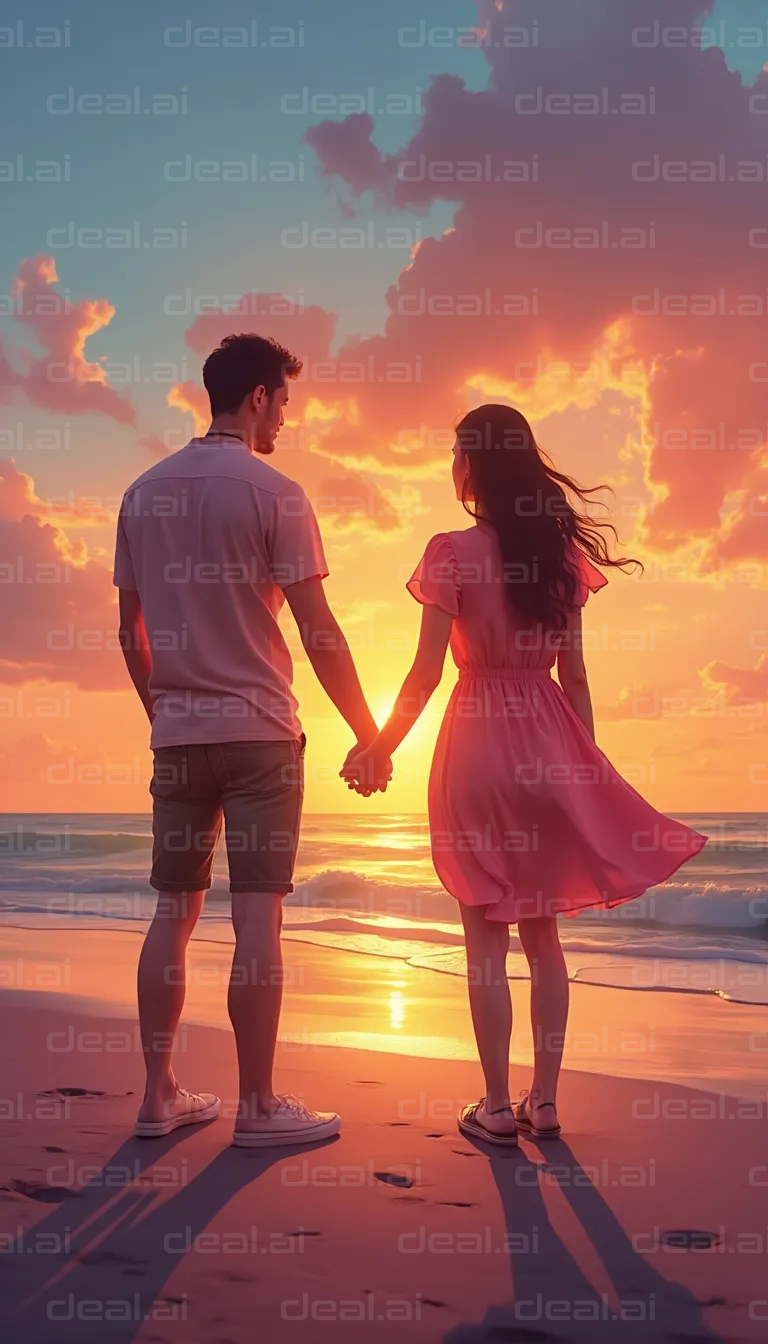 "Couple Holding Hands at Sunset Beach"