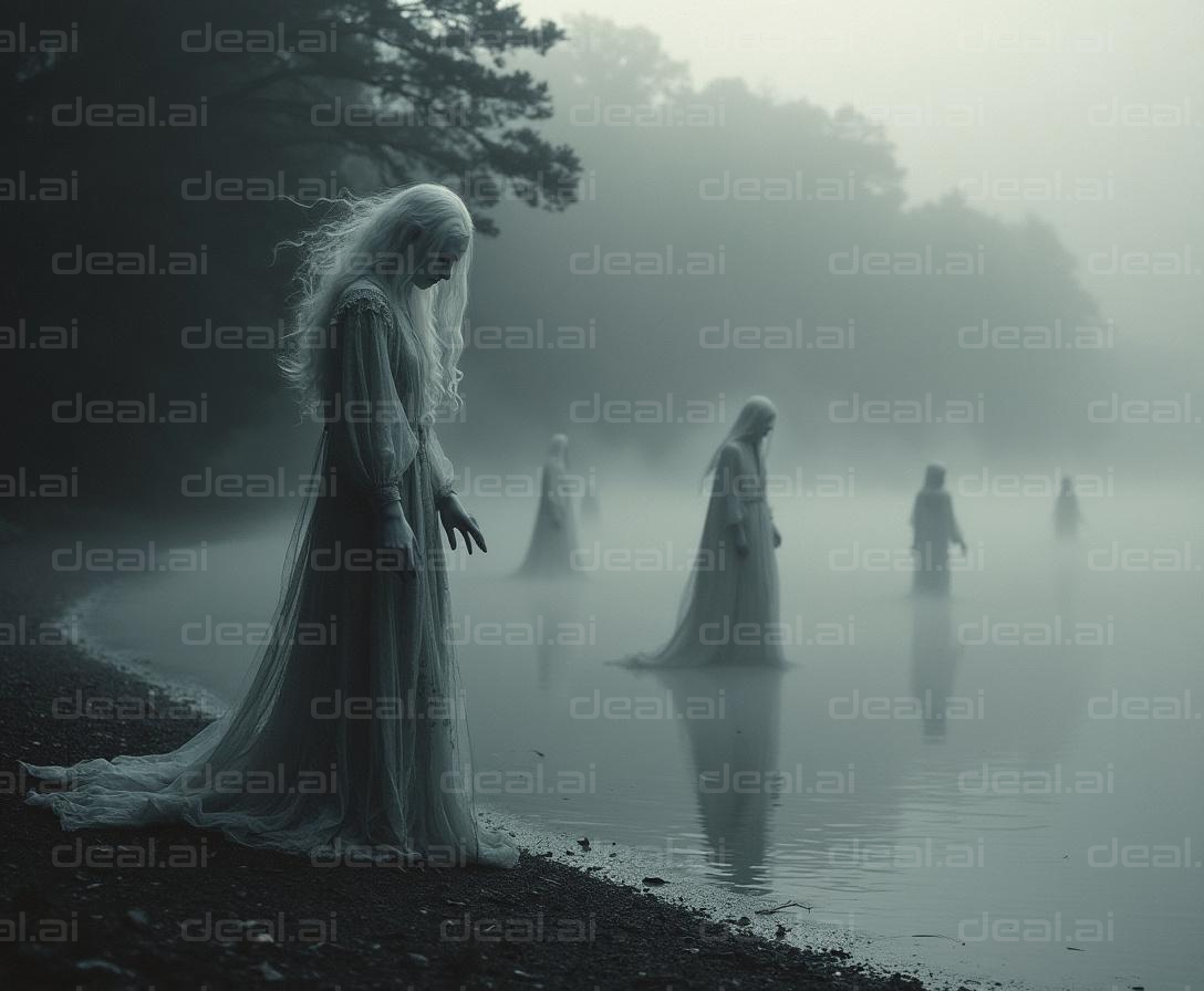 Ghostly Figures by a Misty Lake