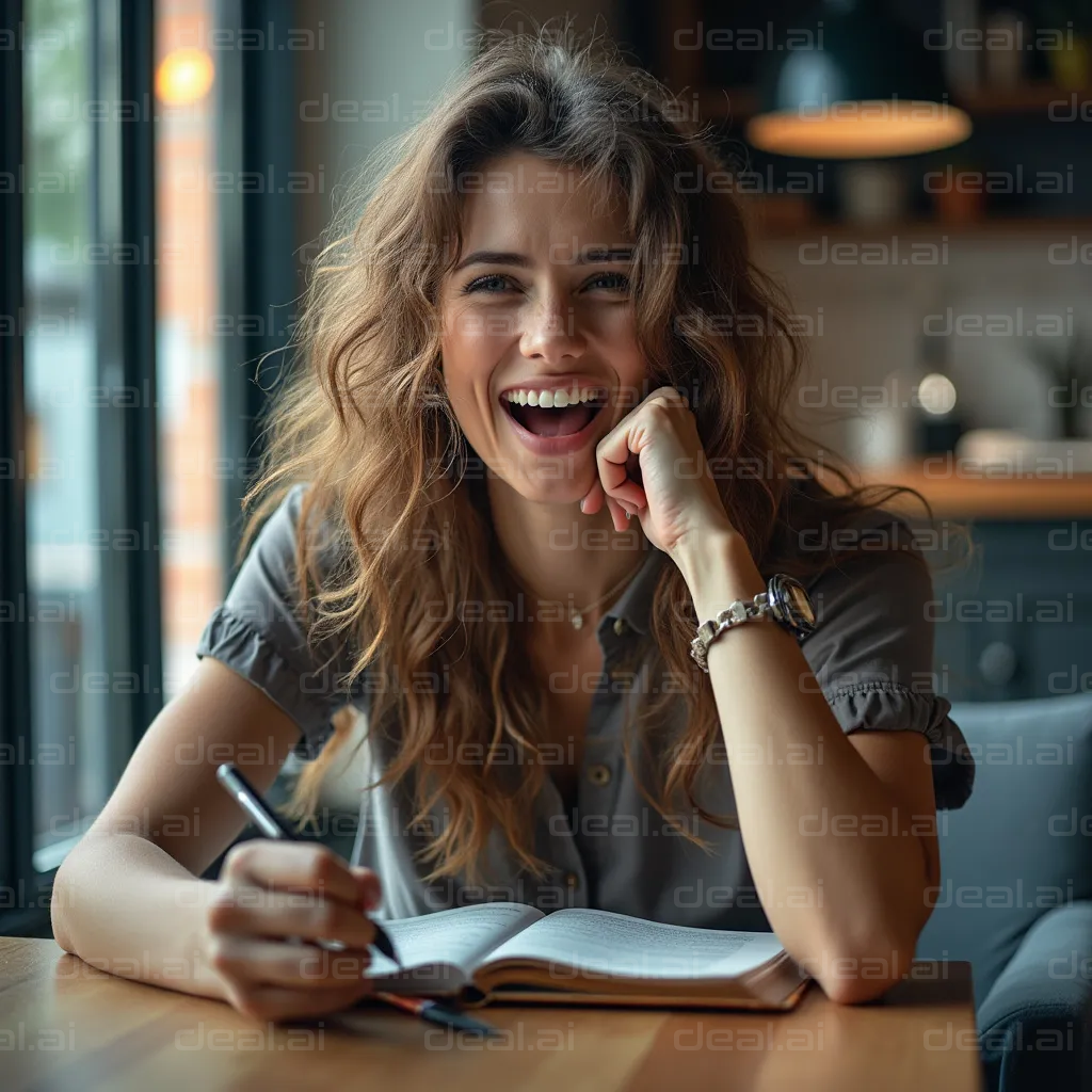 "Happy Woman Writing in Cozy Café"