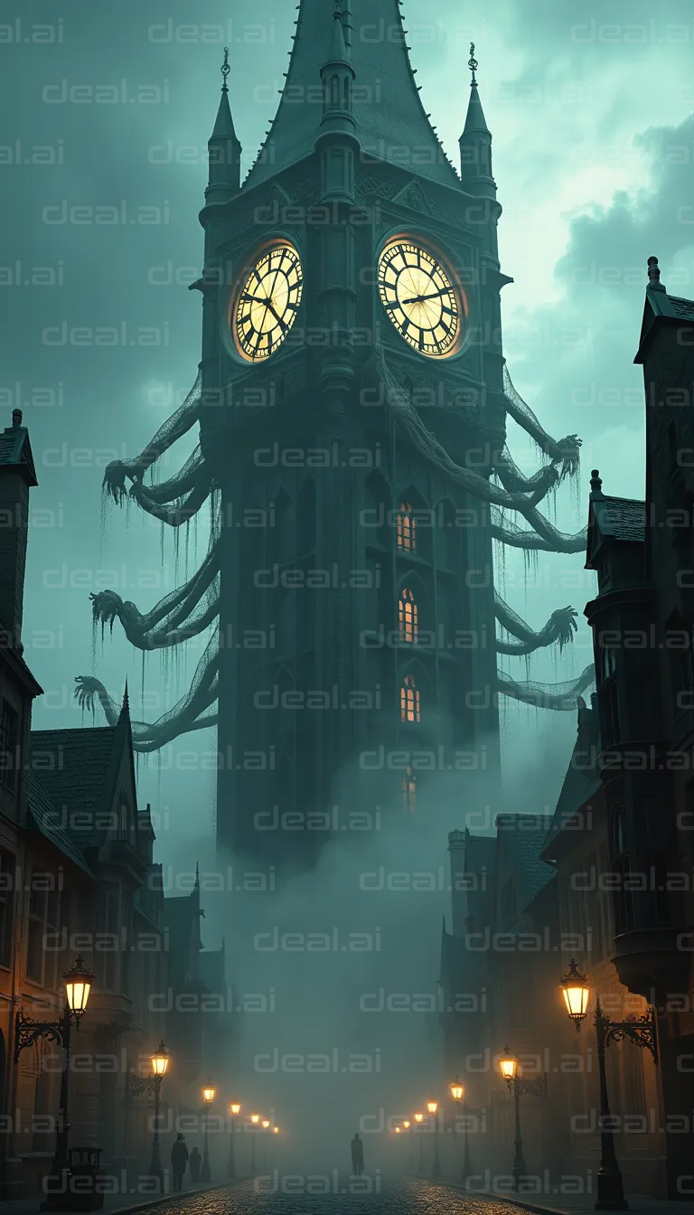 Clock Tower in a Foggy Nightmare
