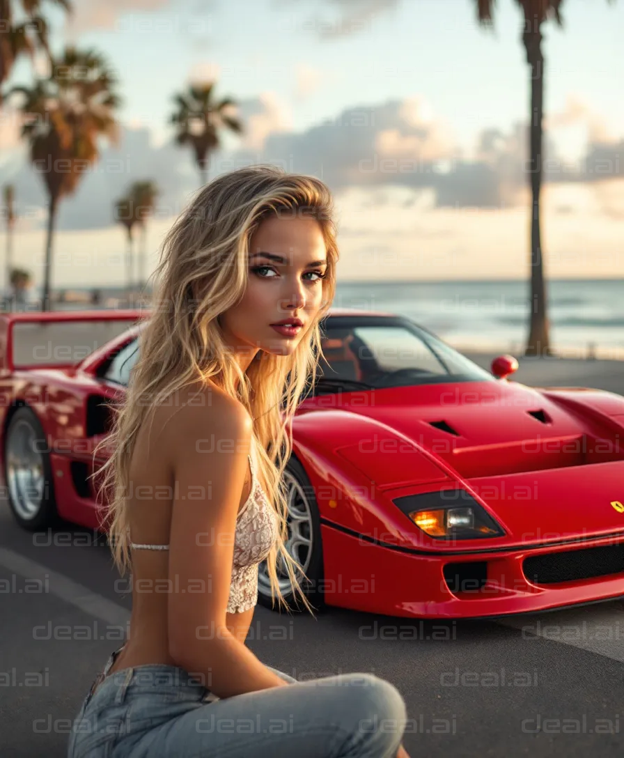 Sunset Drive with Red Sports Car