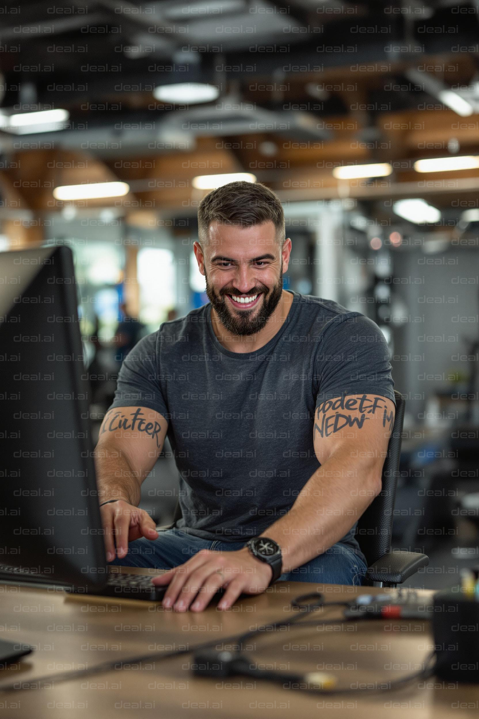 Smiling Man at Work Desk