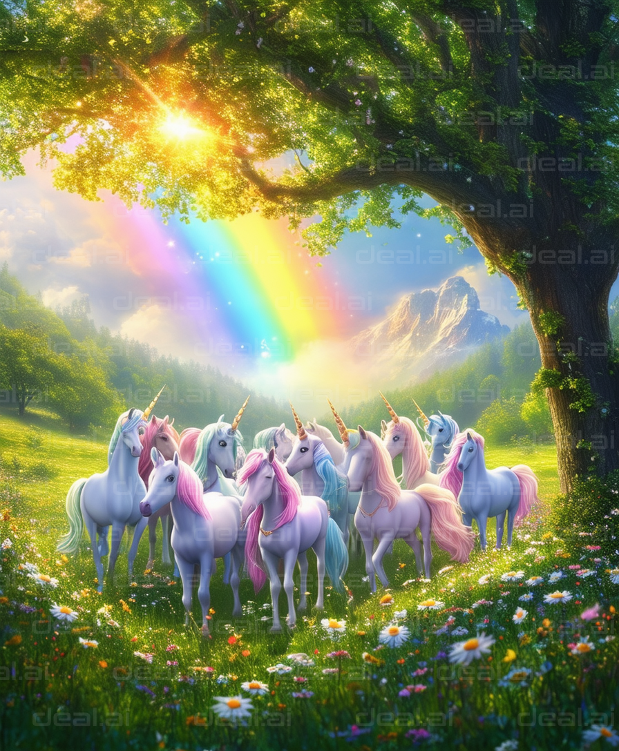 "Magical Unicorns Under Rainbow Bliss"