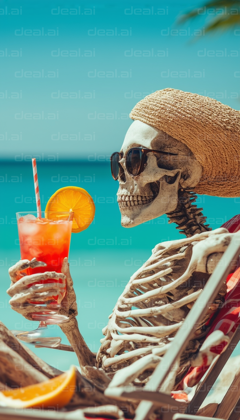 "Skeleton Enjoys a Beachside Drink"