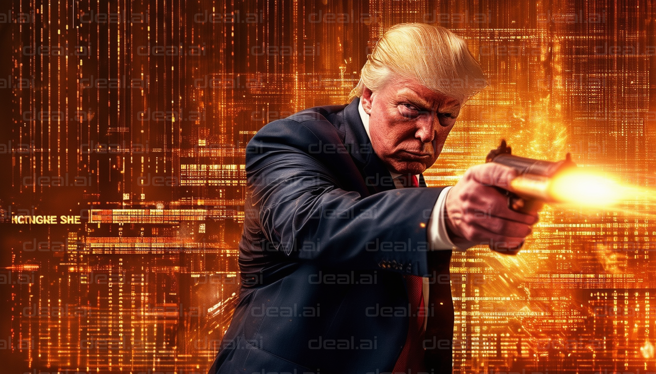 Man in Suit with Gun and Data Background