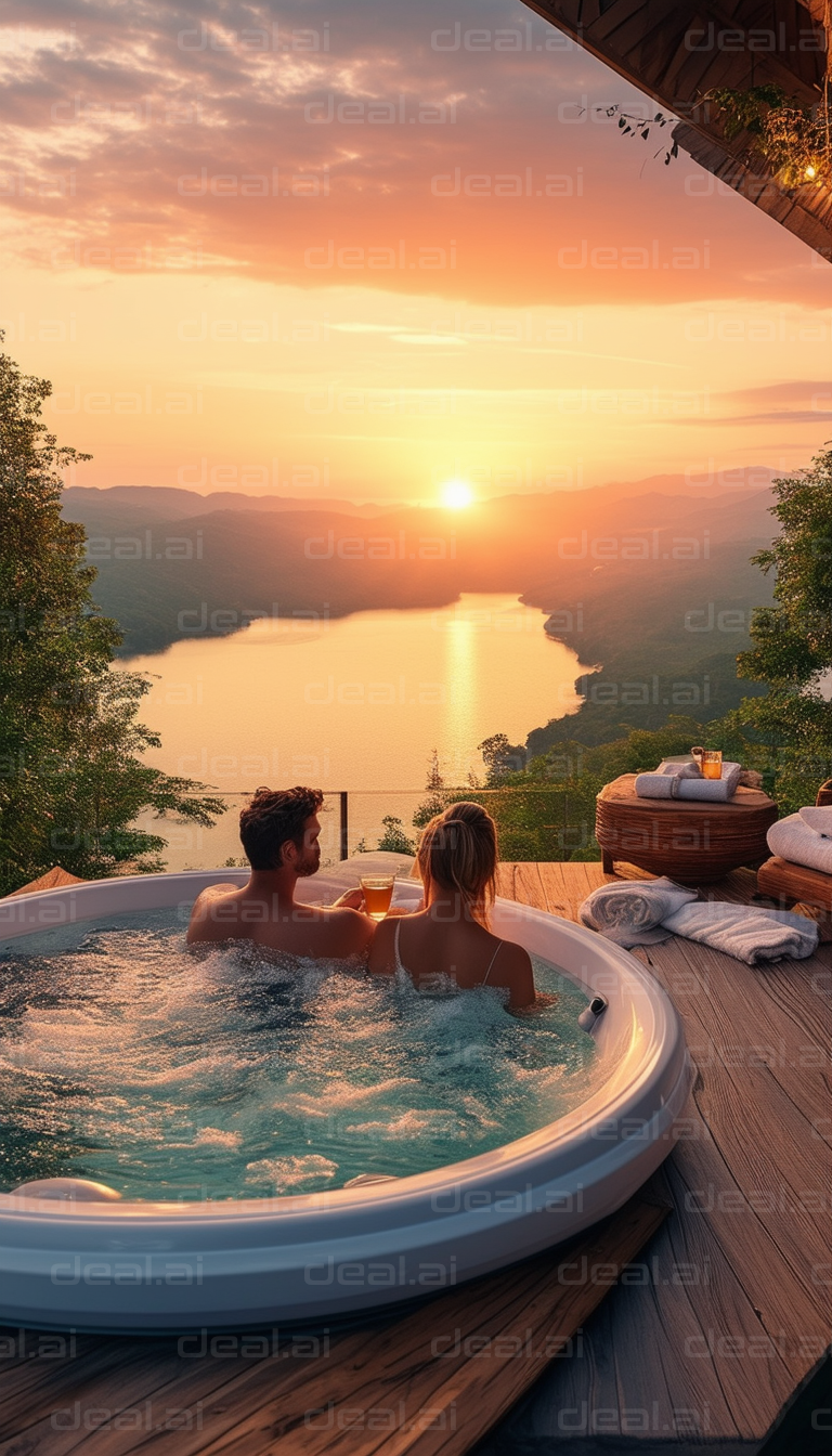 "Romantic Sunset in a Hot Tub Retreat"