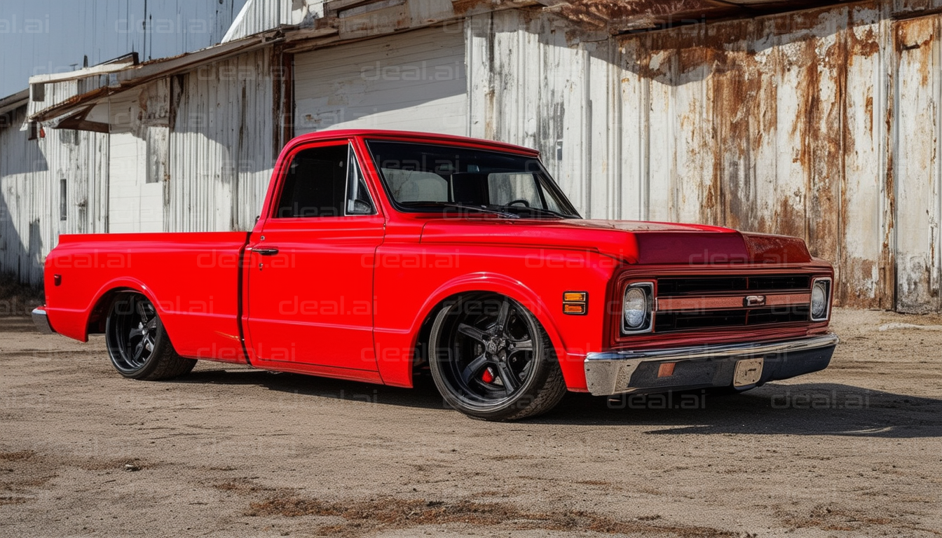 Sleek Red Pickup Truck by Rustic Barn