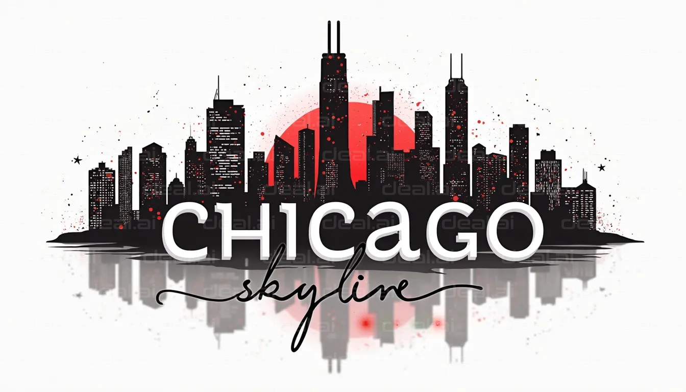 "Chicago Skyline Art with Red Sun"