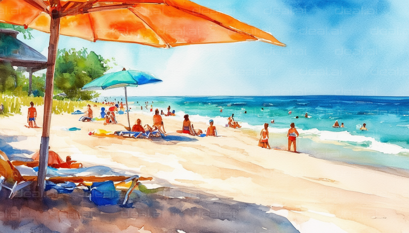 Sunny Beach Day with Colorful Umbrellas