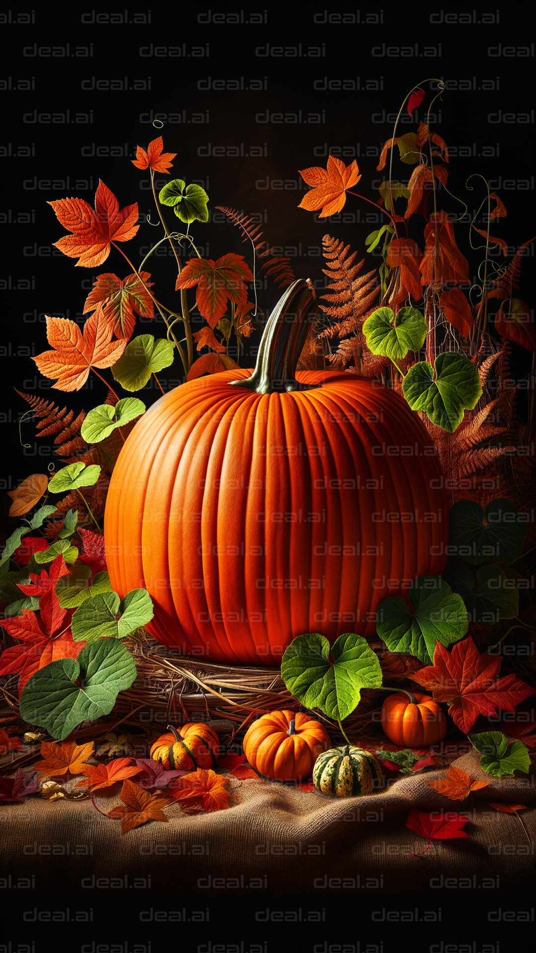 Autumn Pumpkin with Vibrant Leaves