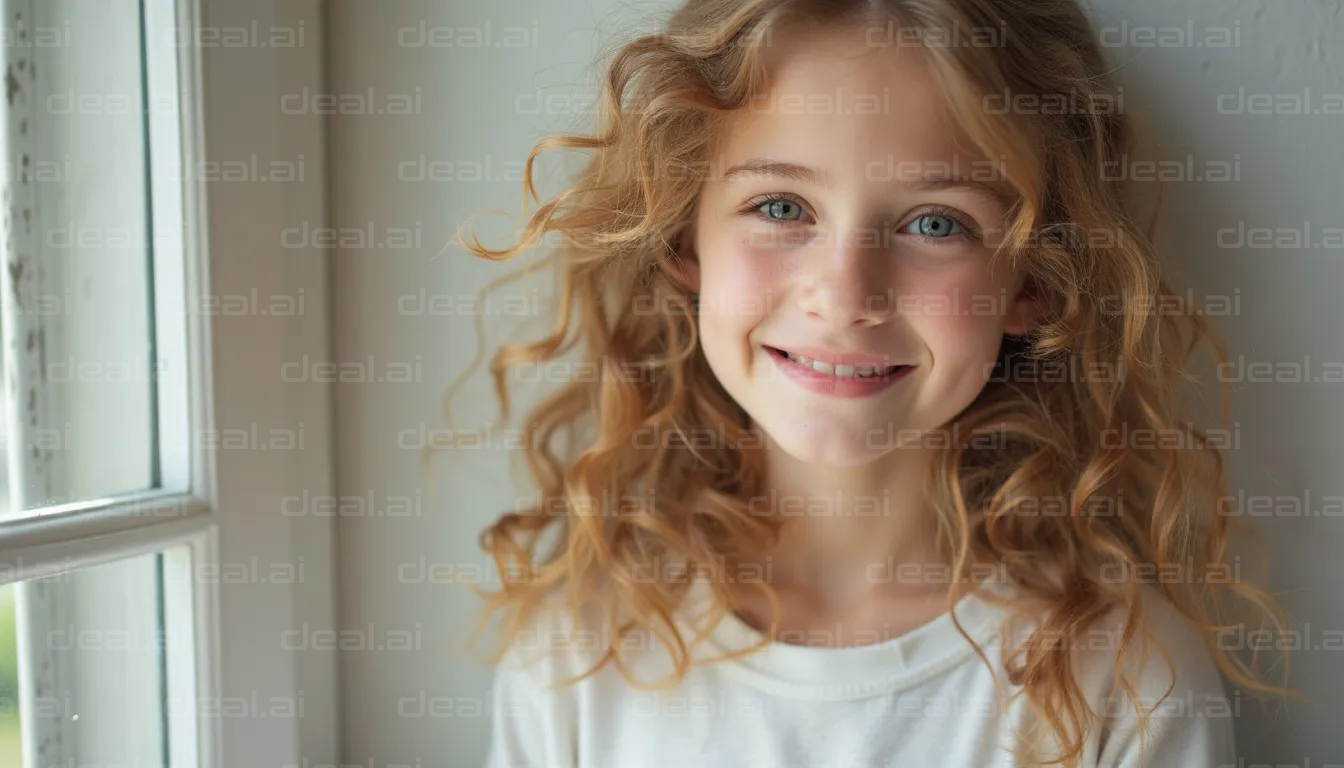 "Smiling Girl with Curly Hair by Window"