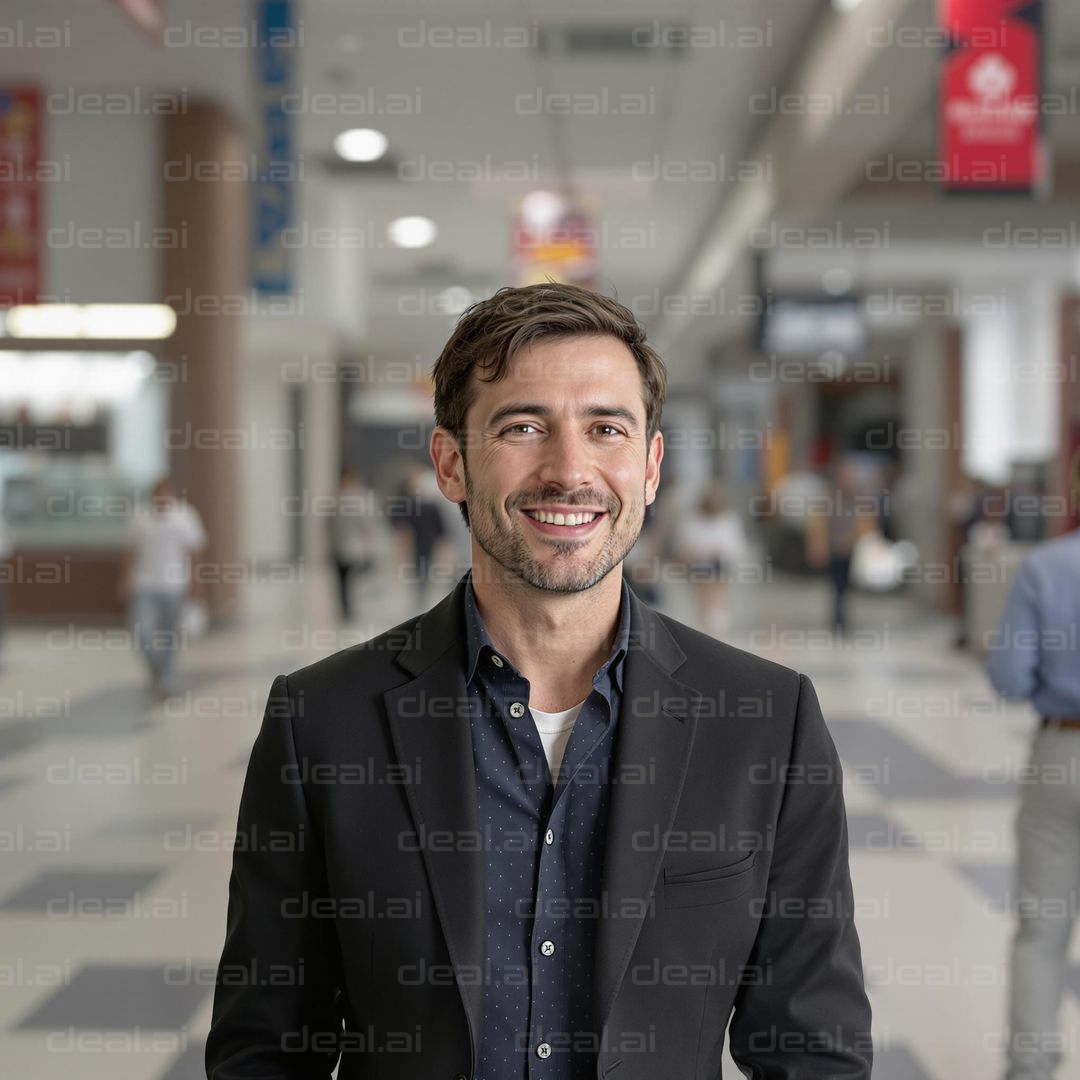 "Smiling Man in Modern Hallway"