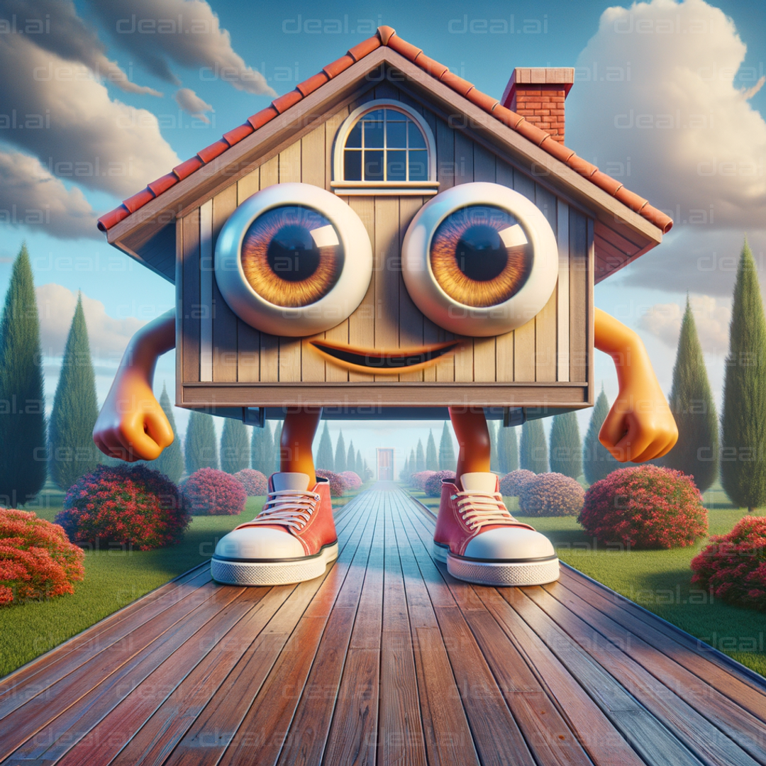 "Happy House with Giant Eyes and Sneakers"