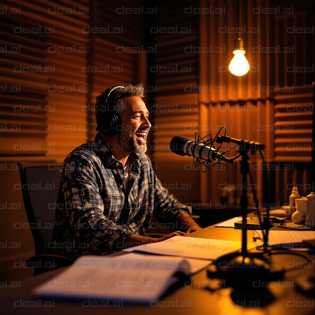 "Podcast Enthusiasm in Studio Glow"