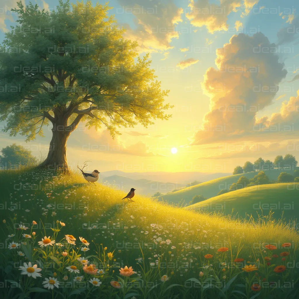 "Serene Sunrise Over Green Hills"