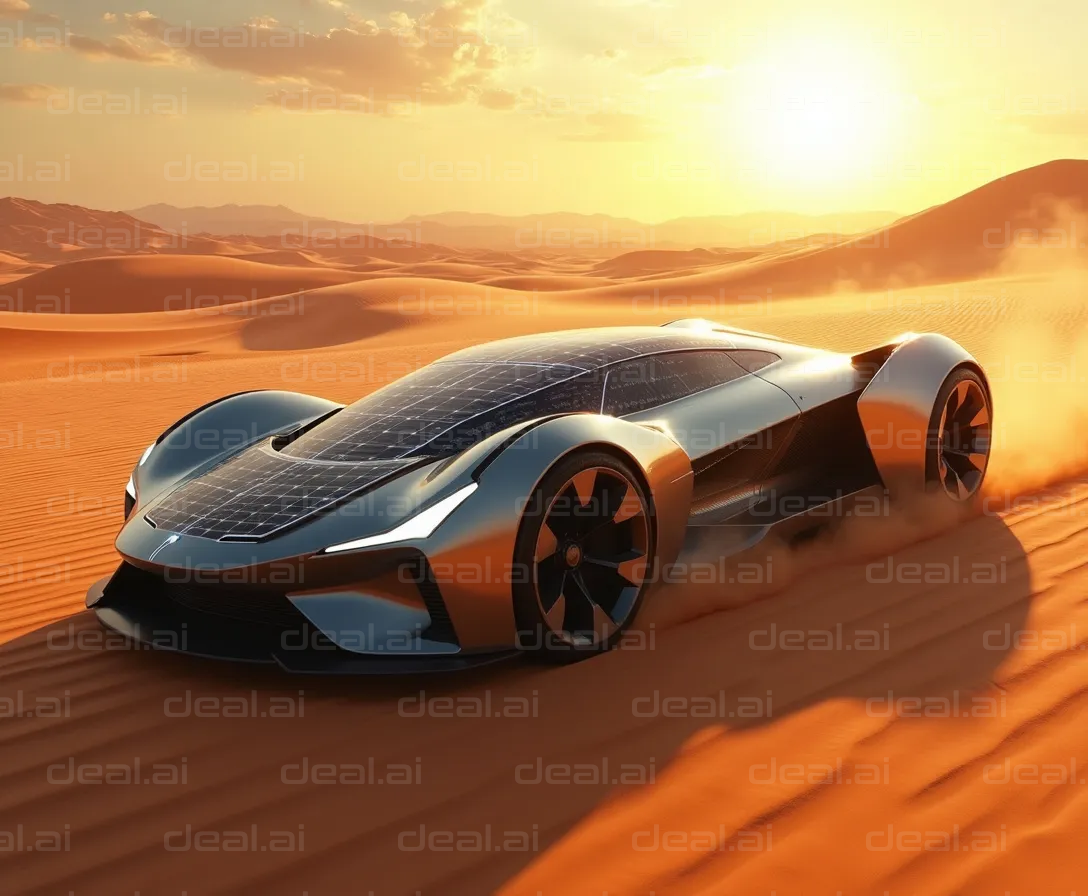 Futuristic Solar Car in Desert Sunset