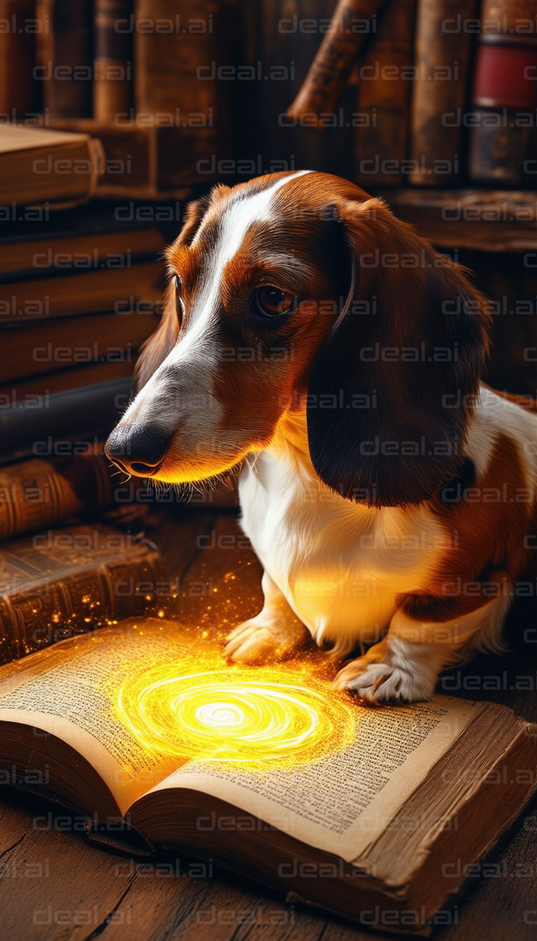 Magical Dog Reading a Glowing Book