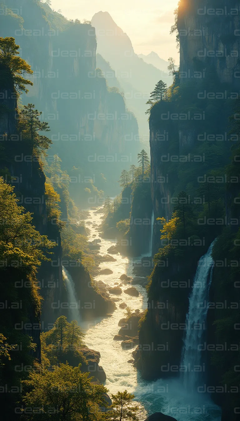 "Serene Waterfalls in Mountain Gorge"