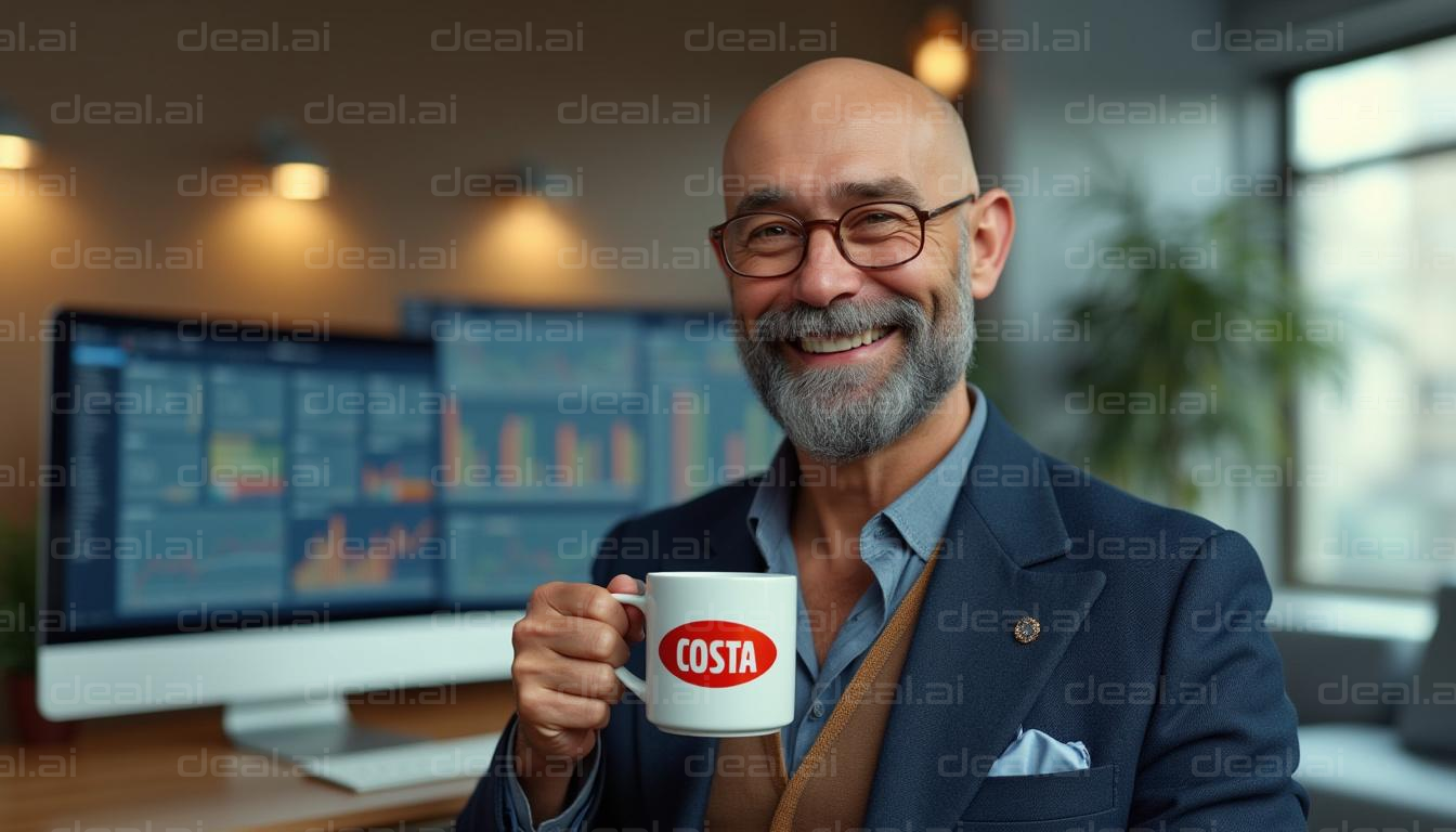 Smiling Professional Enjoys Coffee at Desk