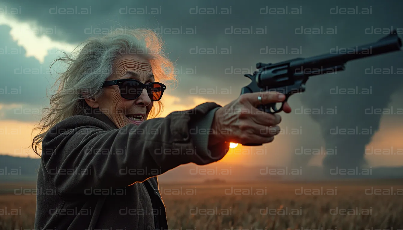"Determined Elderly Woman Aiming a Revolver"