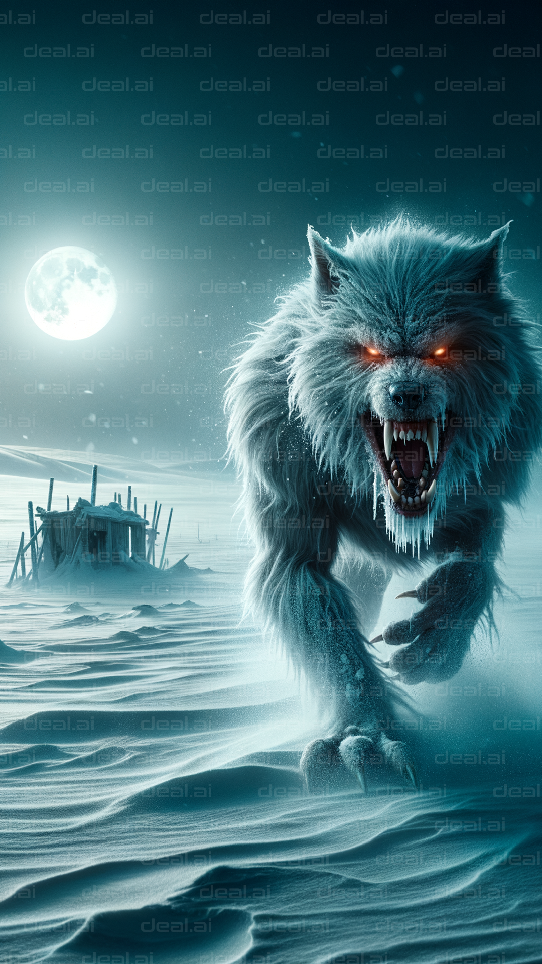 "Fierce Snow Beast Under Moonlit Sky"