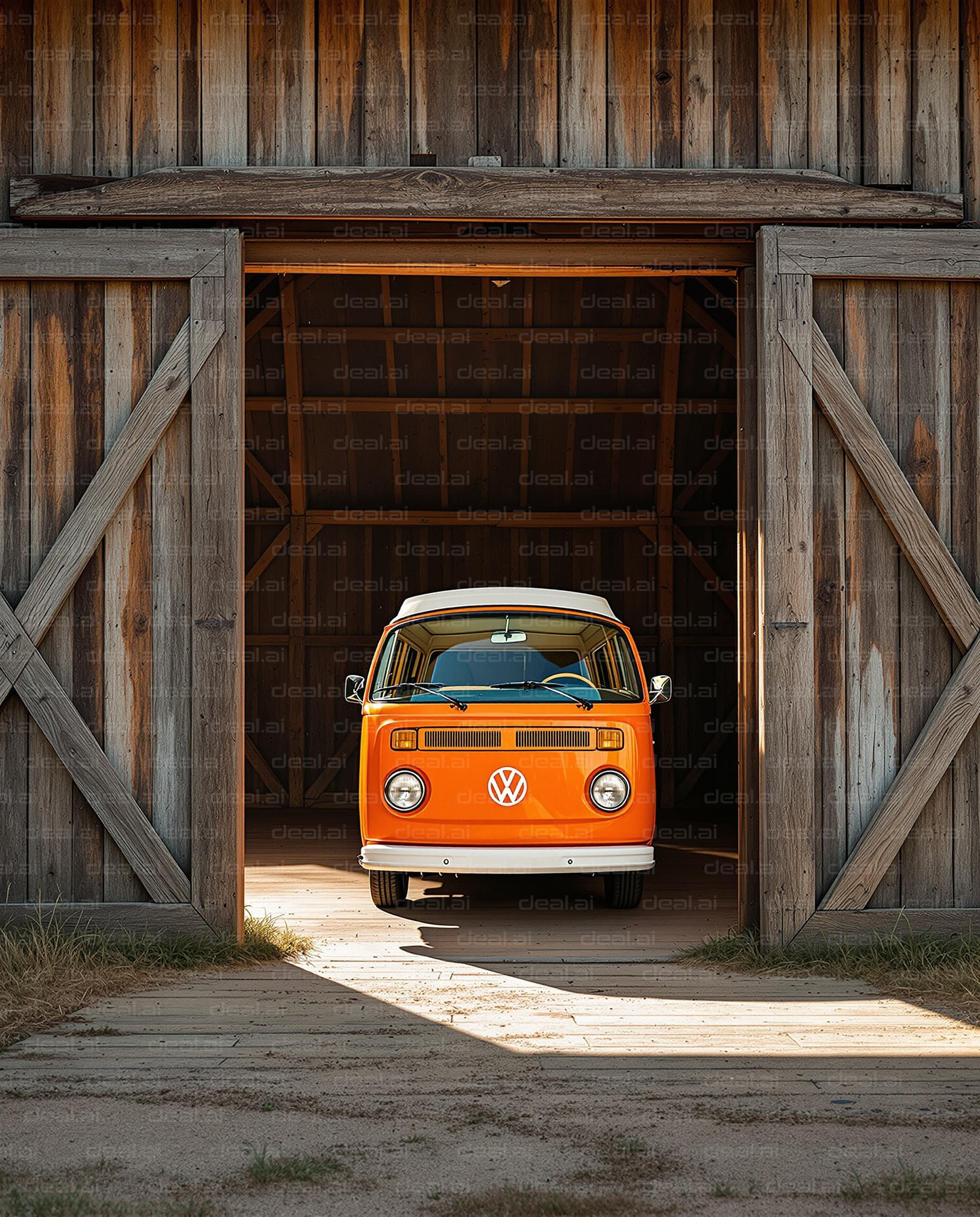 Orange VW Van in Wooden Barn Doorway