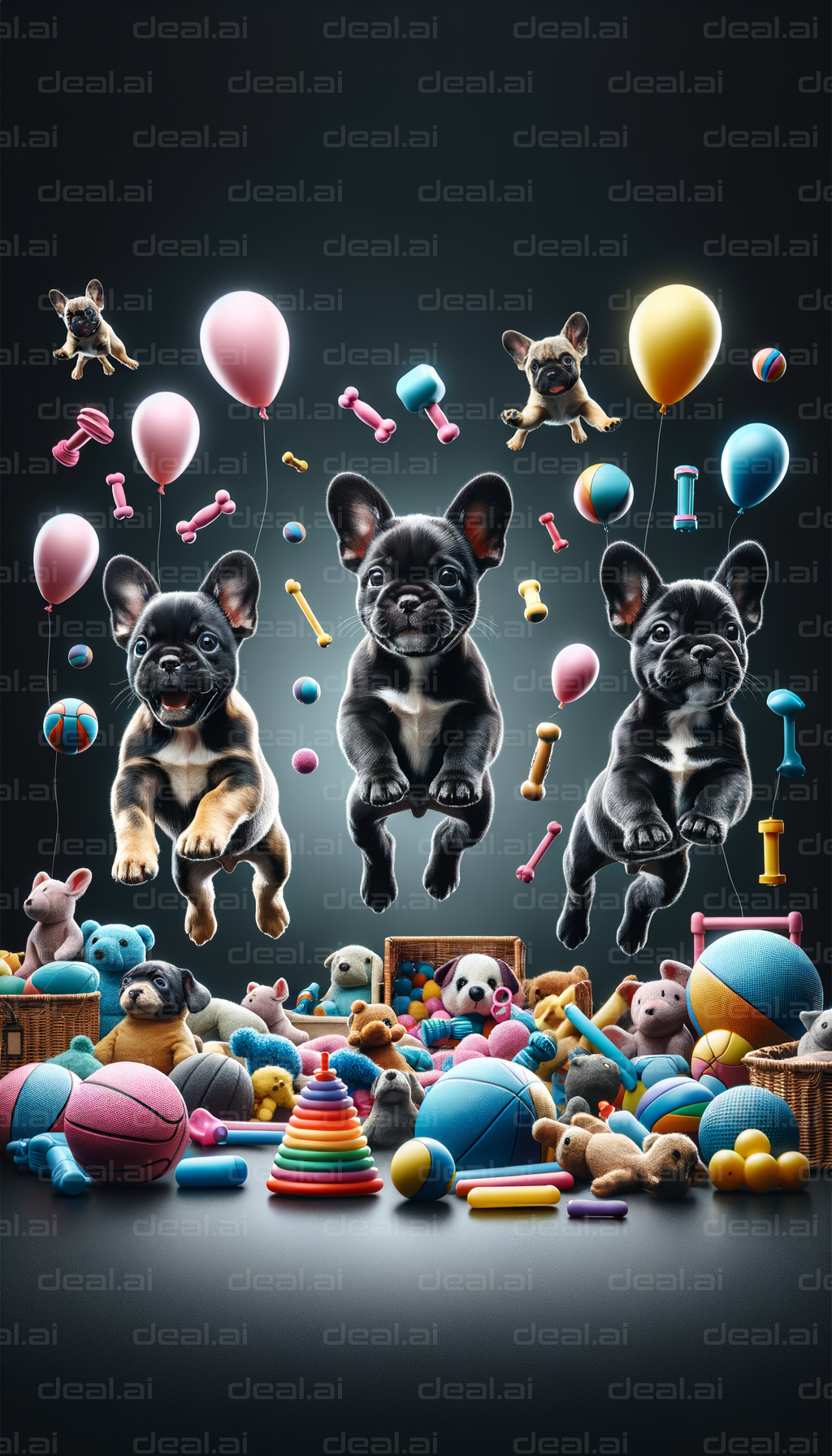 "Puppies Playing Among Toys and Balloons"