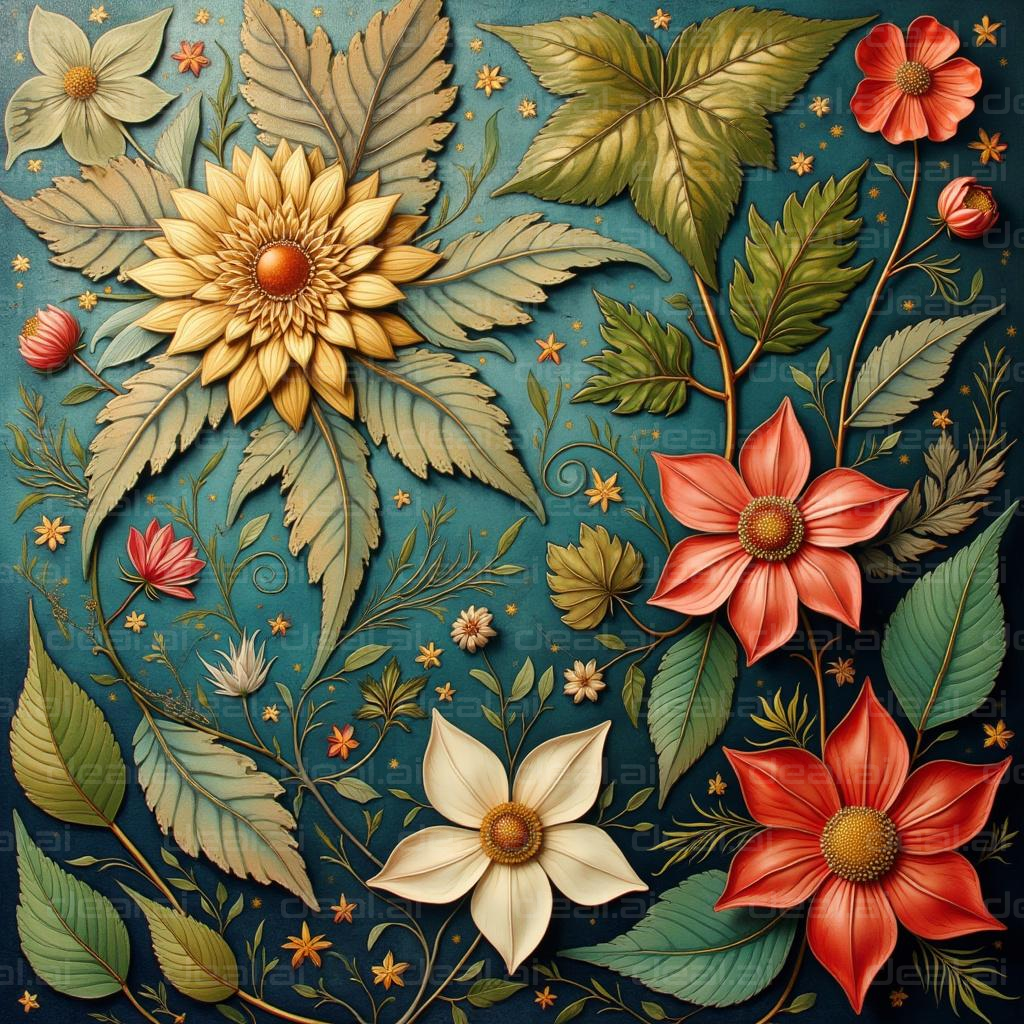 "Colorful Floral Artwork on Blue Background"