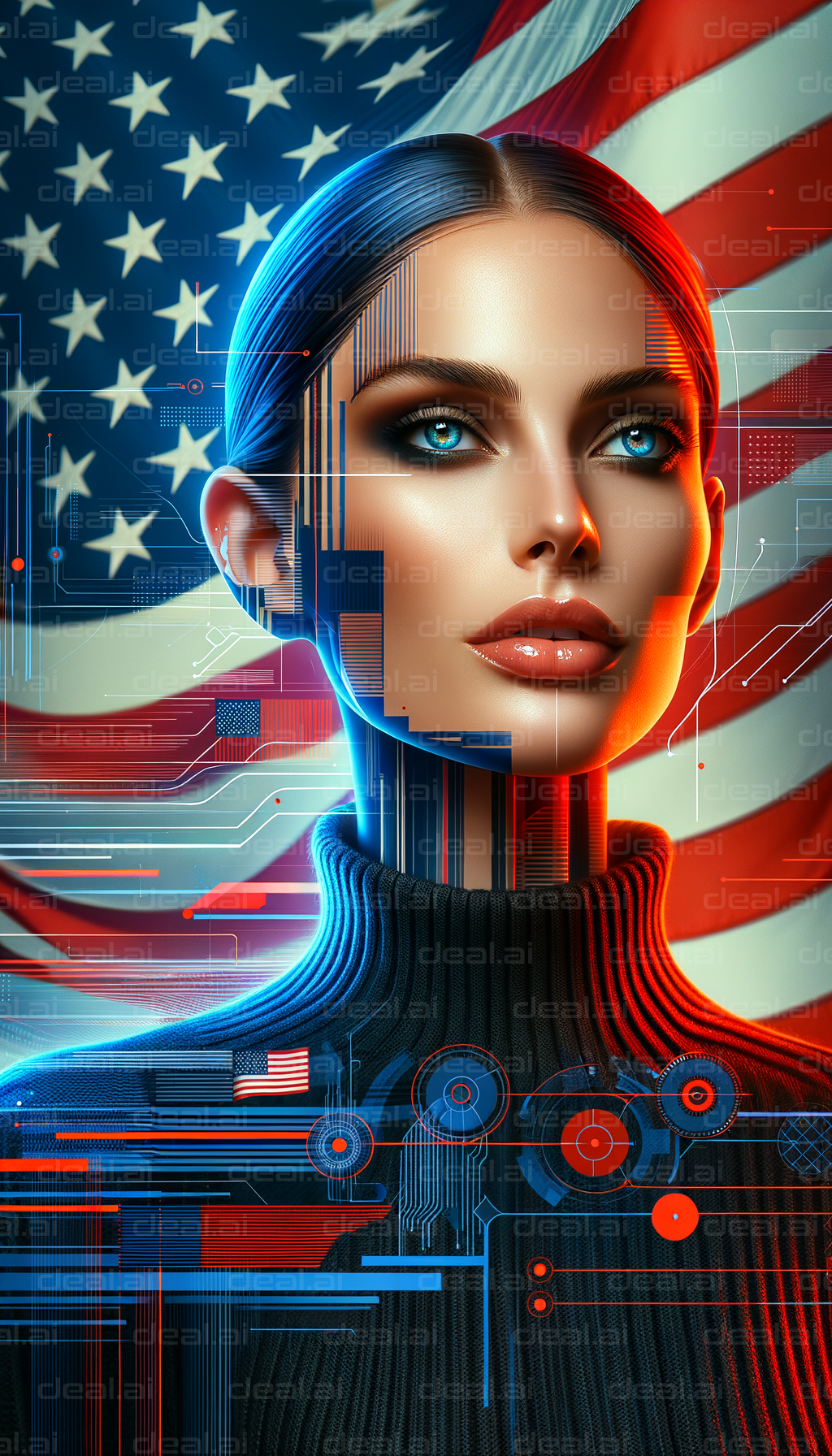 "Futuristic Portrait with US Flag Background"