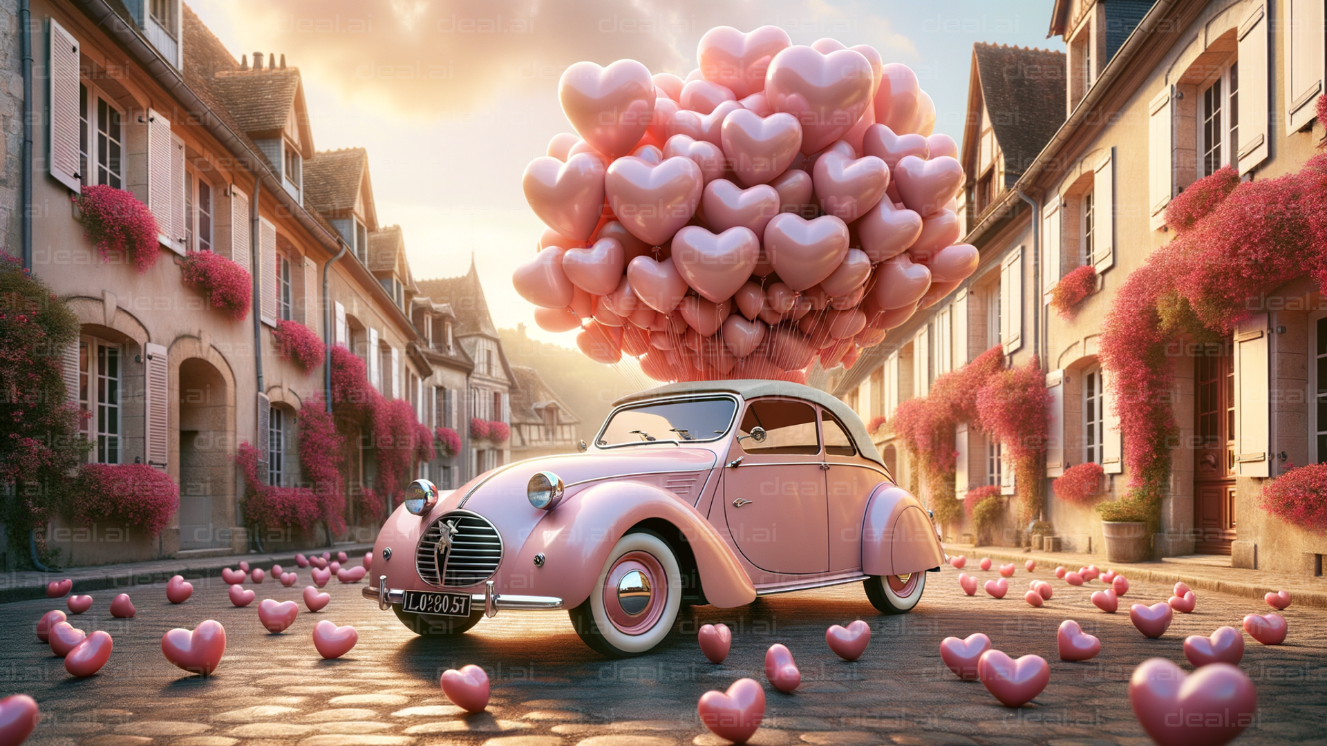 "Vintage Car with Heart Balloons"