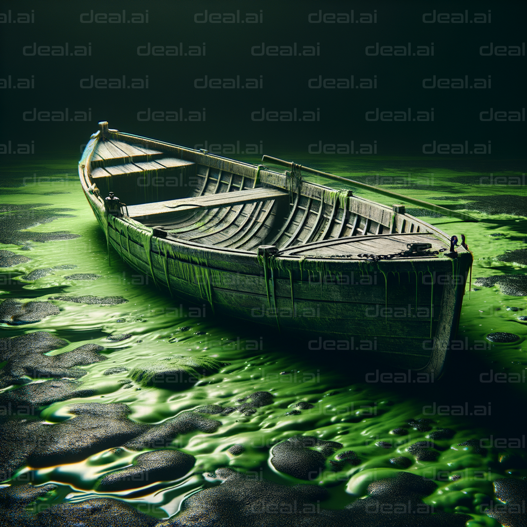 "Abandoned Boat on Toxic Green Waters"