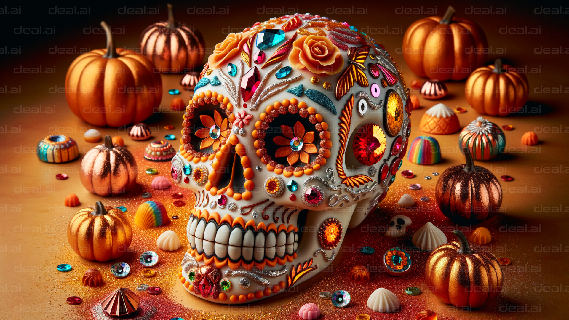 Decorated Sugar Skull With Pumpkins