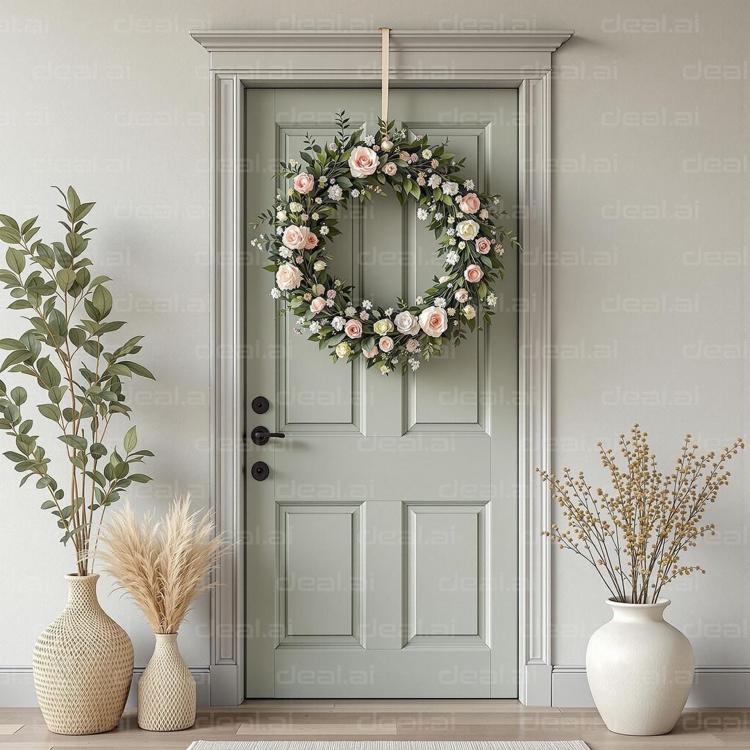 Floral Wreath on Green Doorway