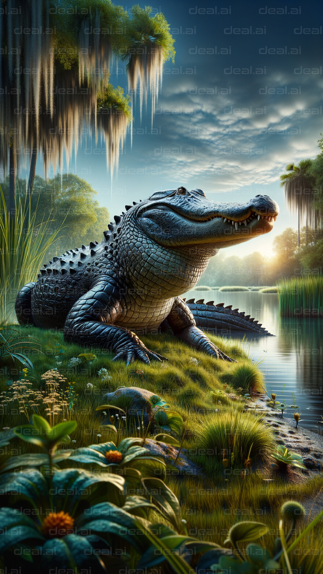 "Alligator Basking by Serene Waterside"