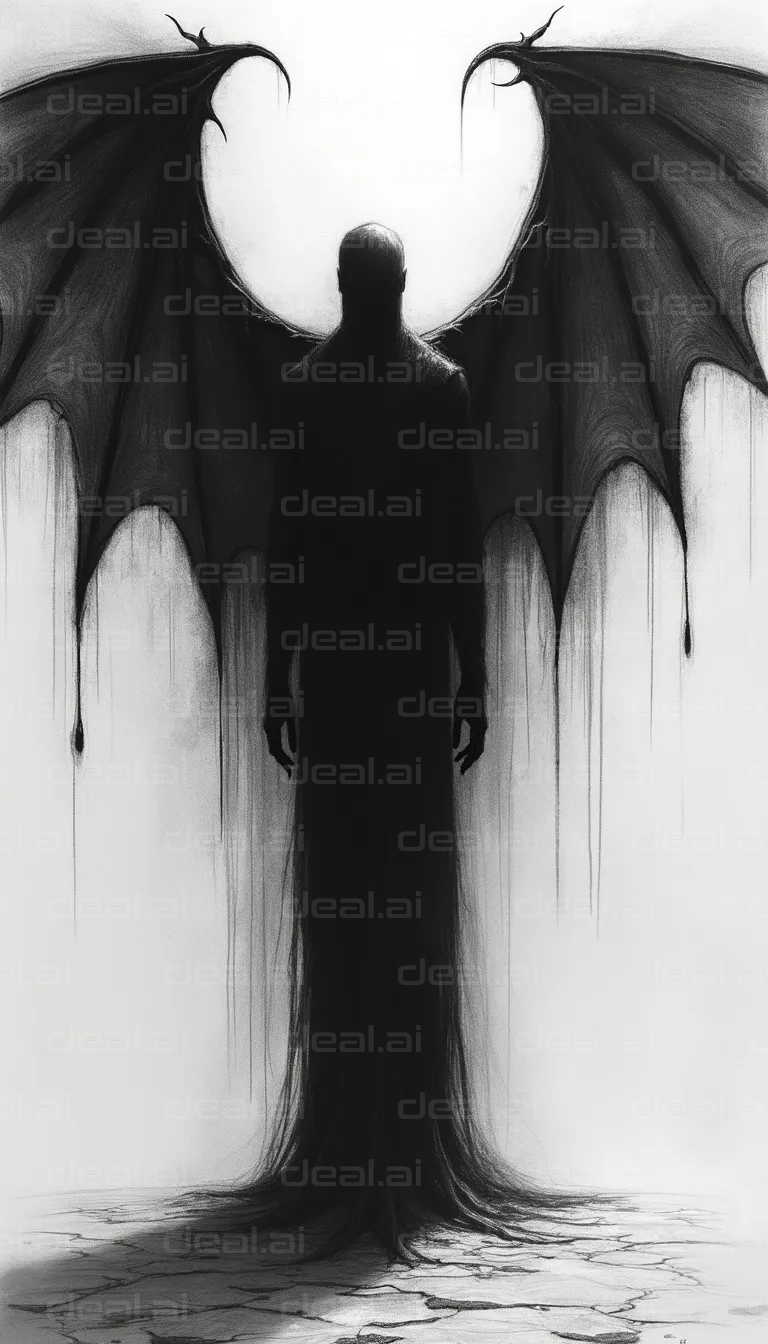 "Shadowed Figure with Bat Wings Unveiled"